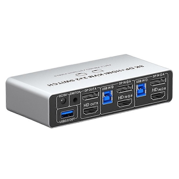 KVM kapcsoló 2x2, két monitoros, 8K, HDMI 2.1, alumínium, US dugó