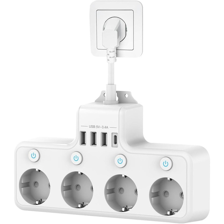 Разклонител 4000W, Множествен Стенен Контакт с 4 Schuko Изхода, 3 USB-A и 1 USB-C, 4 Индивидуални Превключвателя, Множествен Адаптер със Защита от Претоварване, Бързо Зареждане, за Дом, Офис и Кухня, Бял