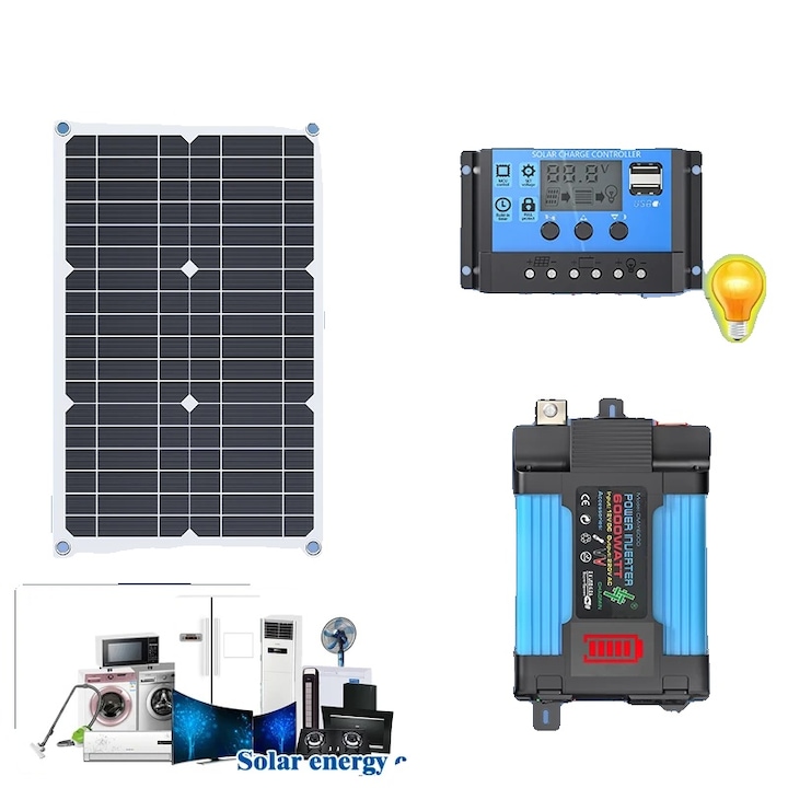 Система соларни панели 6000W, инвертор 12V към 220V, контролер за зареждане, IP65, 46x31x8см