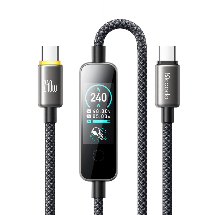Mcdodo CA-8750 töltőkábel, Type-C-ről Type-C-re, TFT kijelző, Fonott, Alumíniumötvözet, 240W, 1.2m, Fekete
