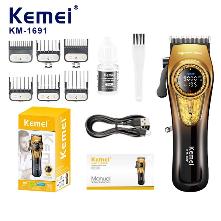 Masina de Tuns Profesionala Kemei KM-1691, Motor 9000 RPM, 10W, Acumulator 4500 mAh, 6 Inaltatoare premium
