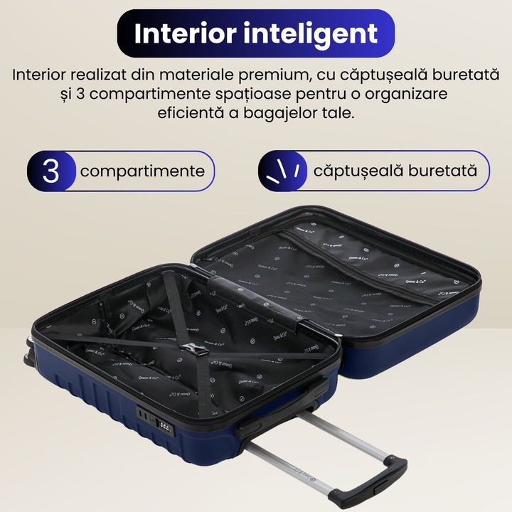 Set 2 trolere cabina, Quasar & Co.®, 40x30x20 cm cu roti detasabile si 55x36x20 cm, bagaj de mana, troller cu fermoar antifurt, cifru, maner telescopic lung, geamantan 4 roti duble 360°, valiza ABS 2.8 mm rezistent, 10kg, LINE, Bleumarin