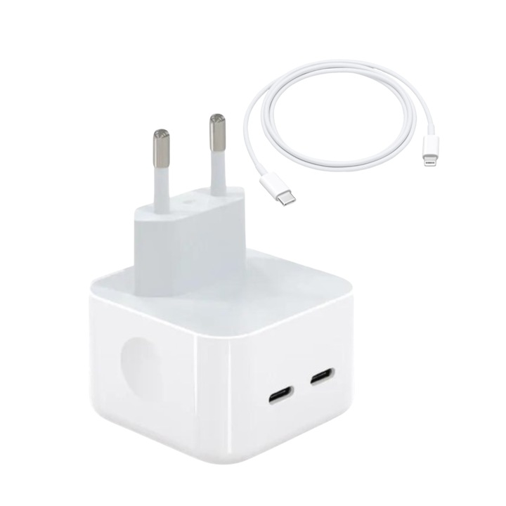 Hálózati töltő szett PD 40W Super Fast Charge, 2x Type-C és Type C - Lightning kábel 1m, Fehér