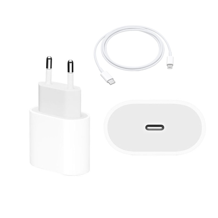 Hálózati töltő szett és Type-C – Lightning kábel iPhone-hoz, PD gyorstöltés, 20W, Fehér