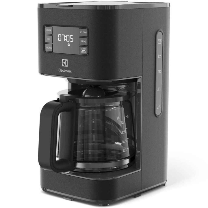 Cafetiera Electrolux Create 5 E5CM1-6AN, 1000 W, 1375 ml, capacitate 10 cesti, afisaj digital, pornire intarziata, selector aroma, antipicurare, functie mentinere la cald, oprire automata, antracit
