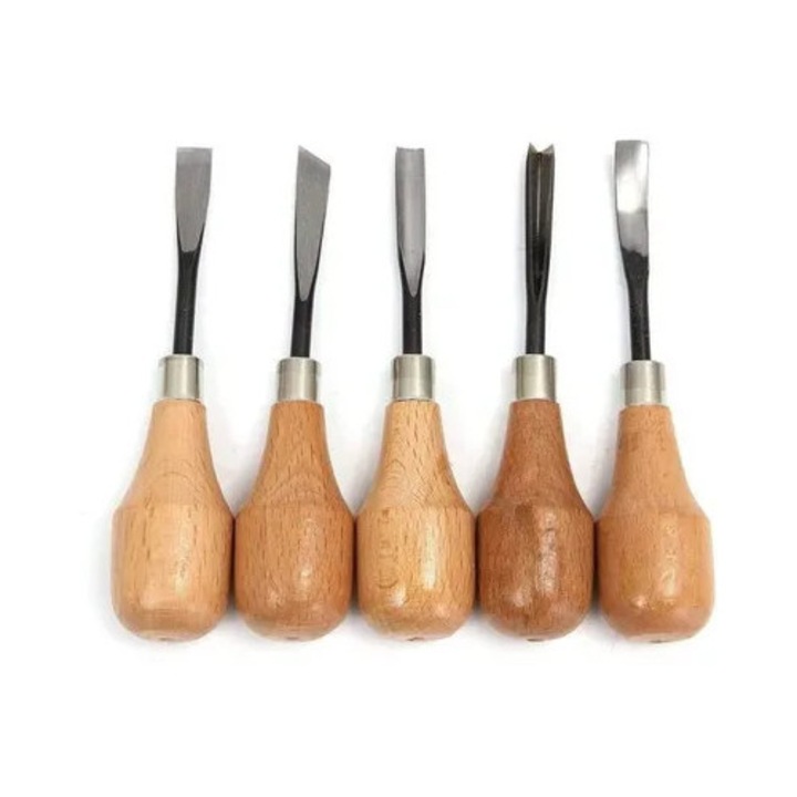 Set unelte sculptura lemn, dalti, linguri, boluri, lemn lustruit, multicolor
