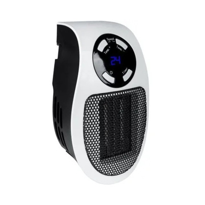 Aeroterma ceramica mini 500W, compacta, alb-negru, 10.6x18x11.4cm, cu telecomanda