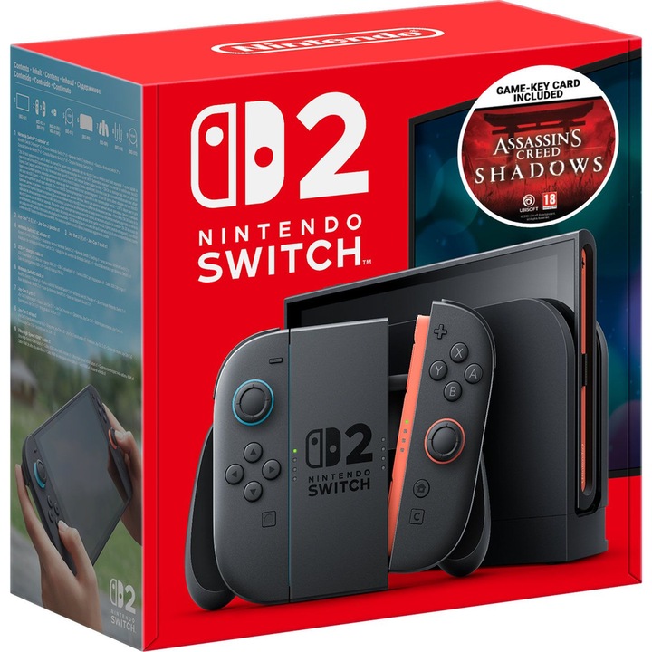 Consola Nintendo Switch 2, LCD HDR10 7.9", 256GB Flash, Wi-Fi, Bluetooth, Light Blue/Light Red JoyCon + Assassins Creed Shadows Negru