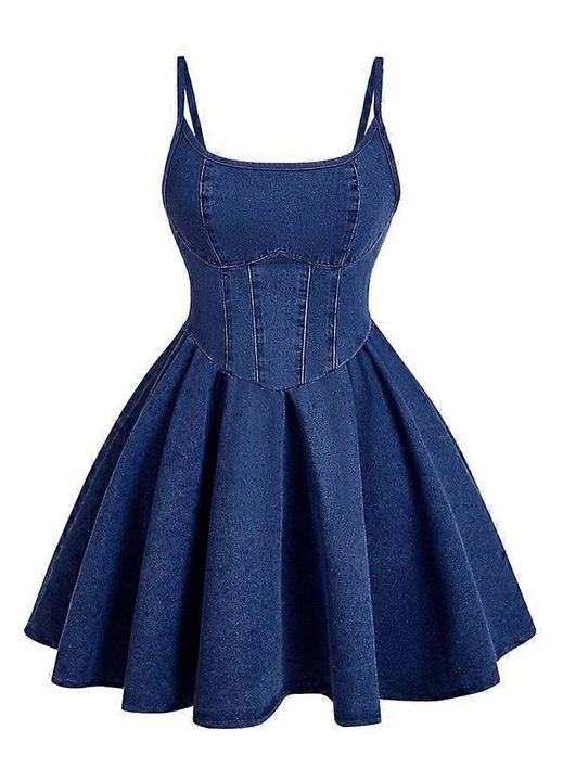 Rochie casual evazata bleumarin bumbac fara maneci
