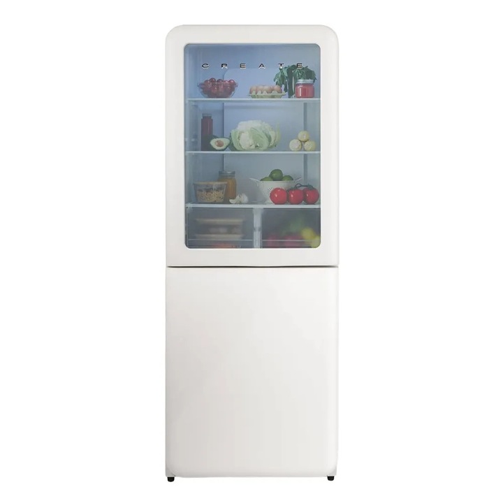 Frigider Retro CREATE, Knock Knock, No Frost, 401 litri, tehnologie Inverter, Rapid Cooling, Fast Freeze, Ultra Freeze, control temperatura, panou de control digital, iluminare LE, picioare ajustabile, frigider 250 litri, 3 rafturi din sticla, alb