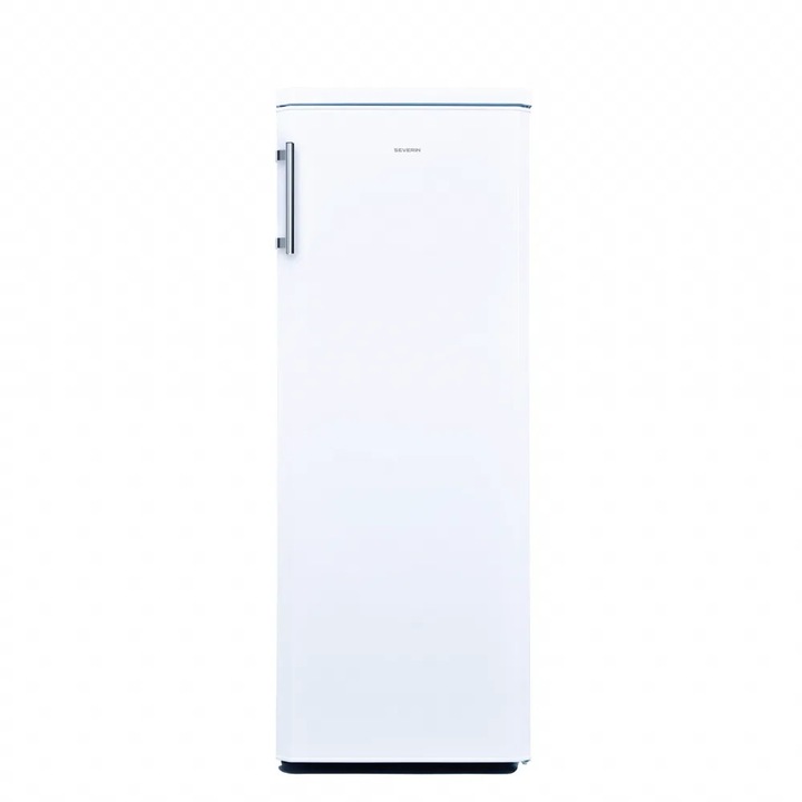 Frigider freestanding Severin, capacitate 225 litri, iluminare interioara LED, dezghetare manuala, 5 rafturi ajustabile din sticla, 1 compartiment fructe/legume, 4 rafturi pe usa, raft pentru oua, usa reversibila, maner ergonomic, design modern, alb