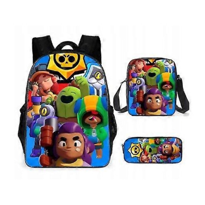 Set ghiozdan 3 piese Brawl Stars, rezistent la apa, multicolor, 17 inch