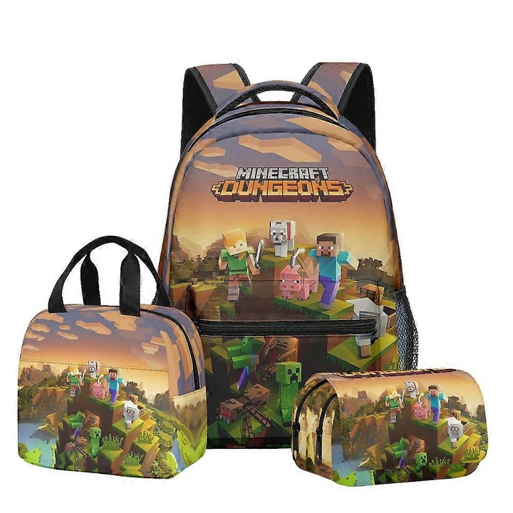 Set ghiozdan, geanta pranz, penar Minecraft multicolor 3 piese