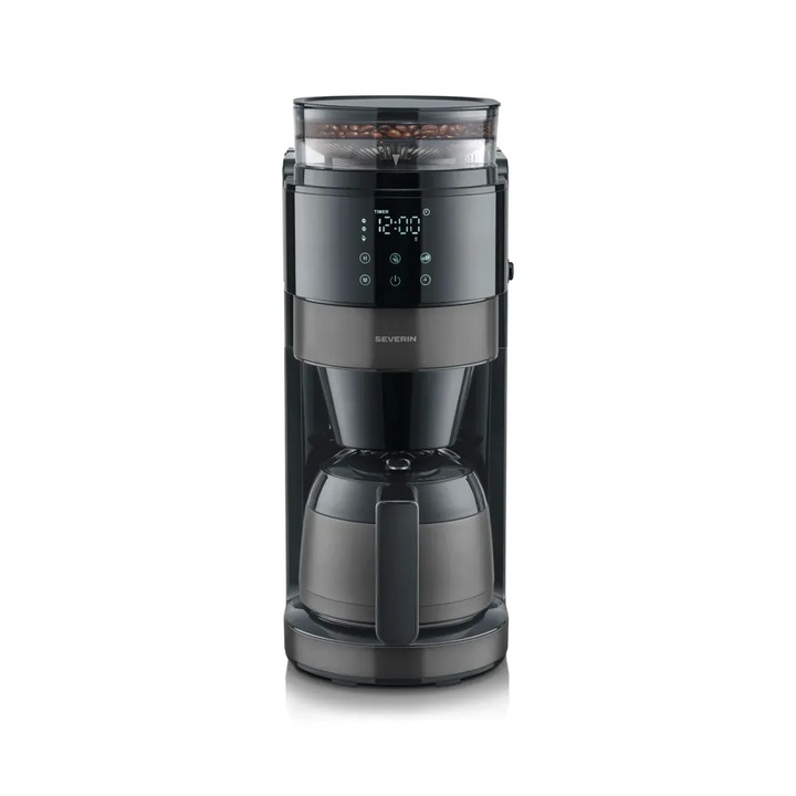Cafetiera cu rasnita din otel inoxidabil Severin, S-Taste AromaOne, carafa din otel inoxidabil, 8 cani, capacitate carafa 1 litru, capacitate compartiment boabe cafea 200 g, ajustare cantitate 2-8 cani, compatibilitate cafea boabe/cafea macinata, negru