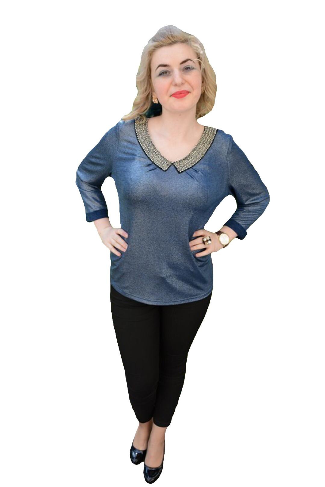 Bluza eleganta, lucioasa, cu design de colier, D&J Exclusive, Bleumarin