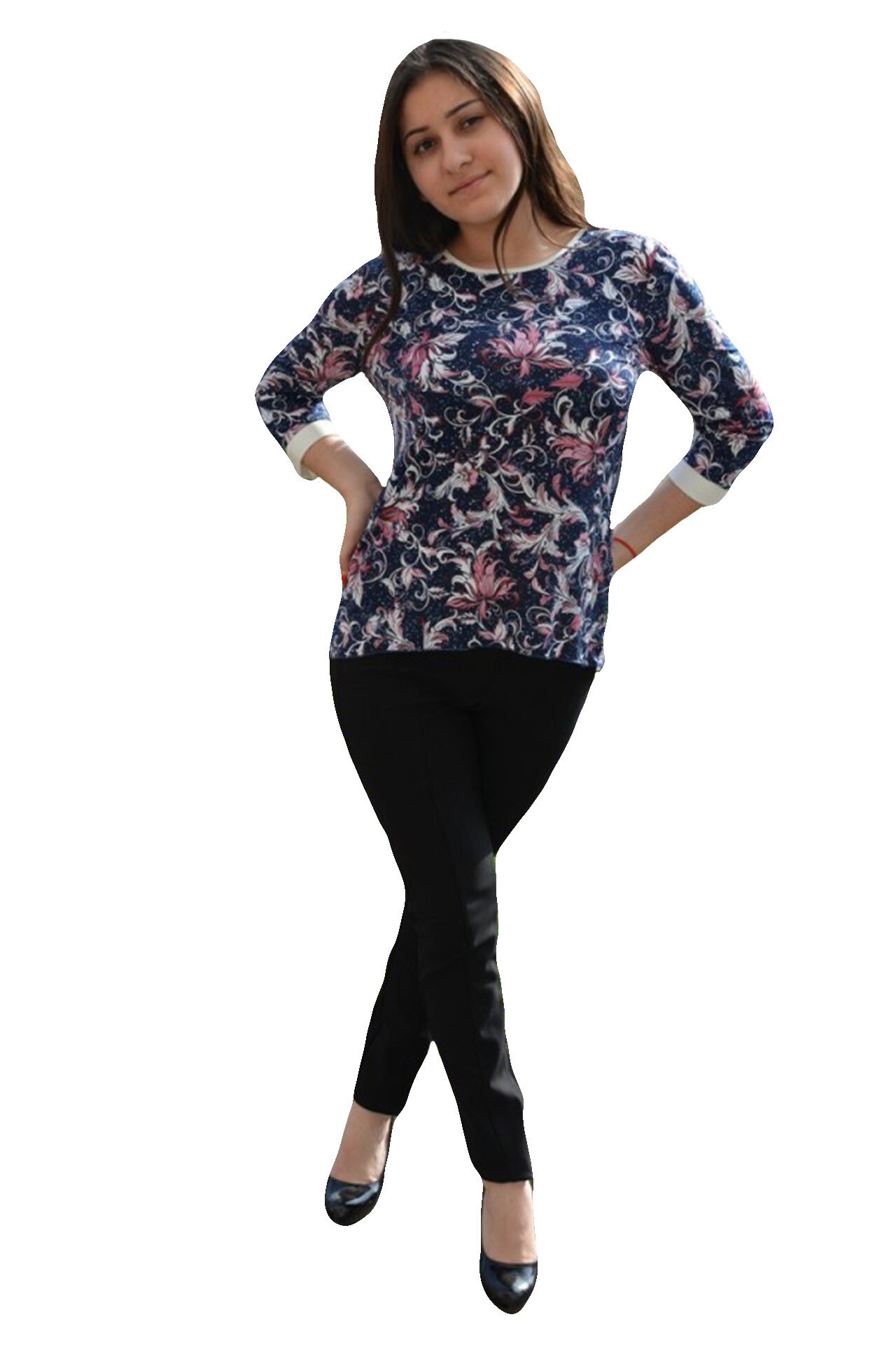 Bluza casual-eleganta cu deign floral , D&J Exclusive, Albastru marin