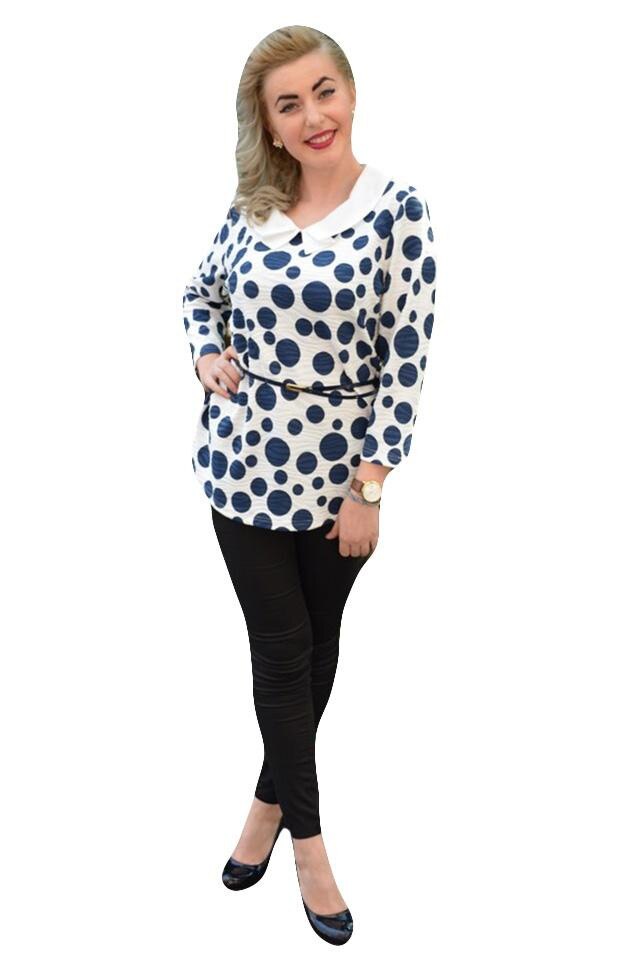 Bluza rafinata cu maneci trei-sferturi, cu buline,masura mare,D&J Exclusive,, Alb/Bleumarin