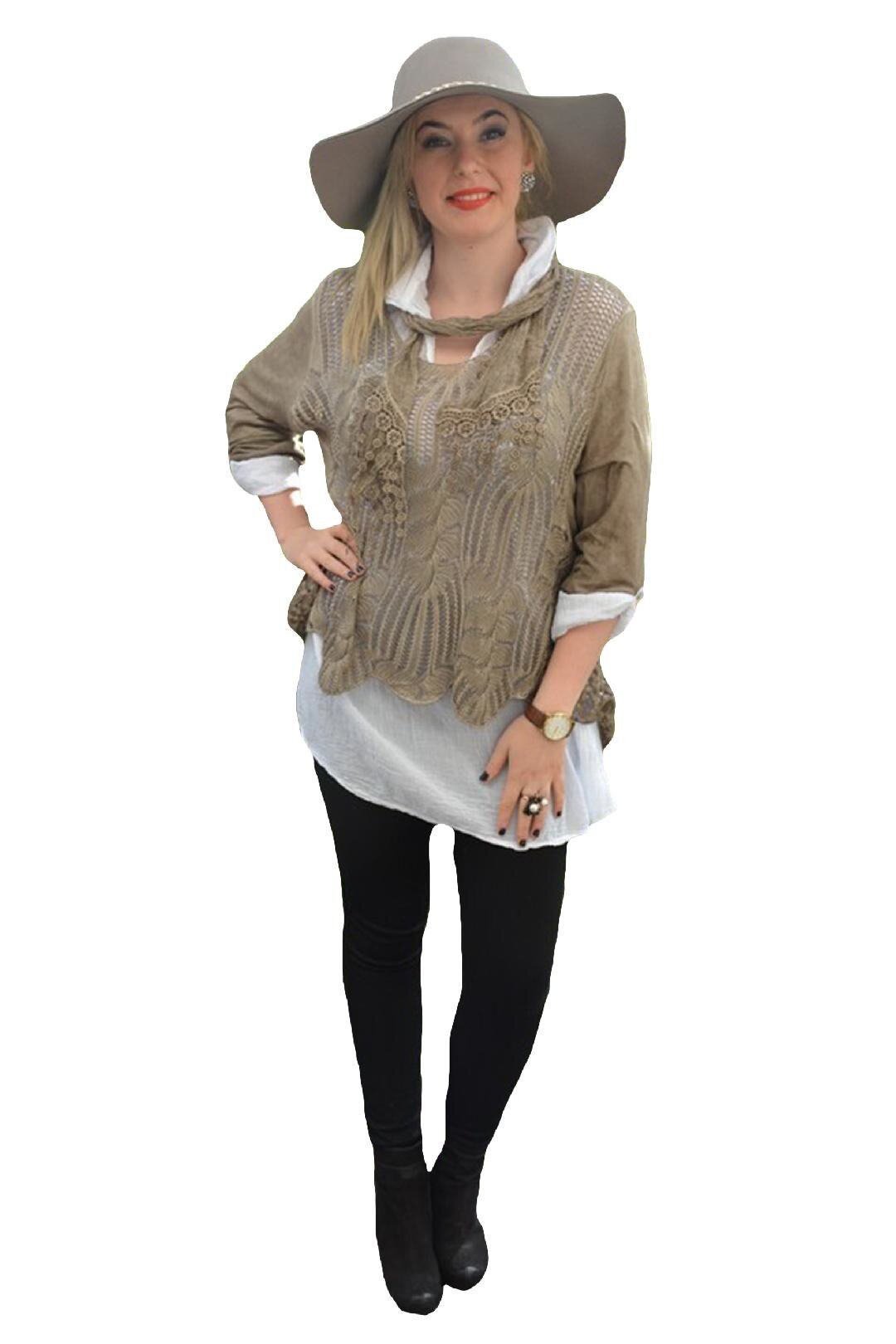 Bluza din tricot combinata cu camasa, D&J Exclusive, Bej