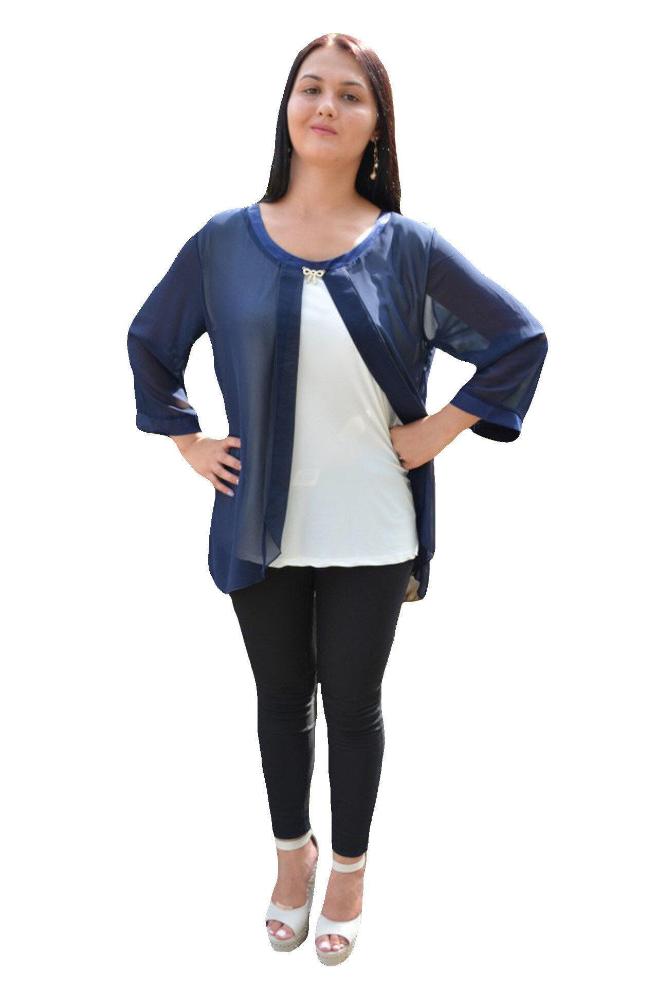 Bluza vaporoasa de ocazie, din voal , D&J Exclusive, Bleumarin-Alb