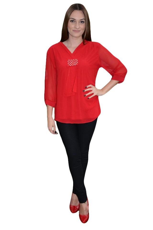 Bluza moderna cu guler tip sal si insertii de voal,masura mare,D&J Exclusive, Marsala