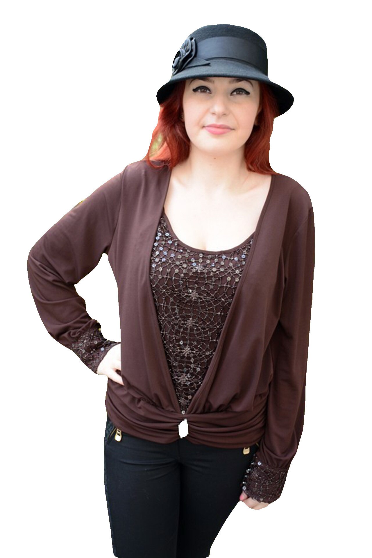 Bluza deosebita, cu design de paiete aplicate , D&J Exclusive, Maro inchis