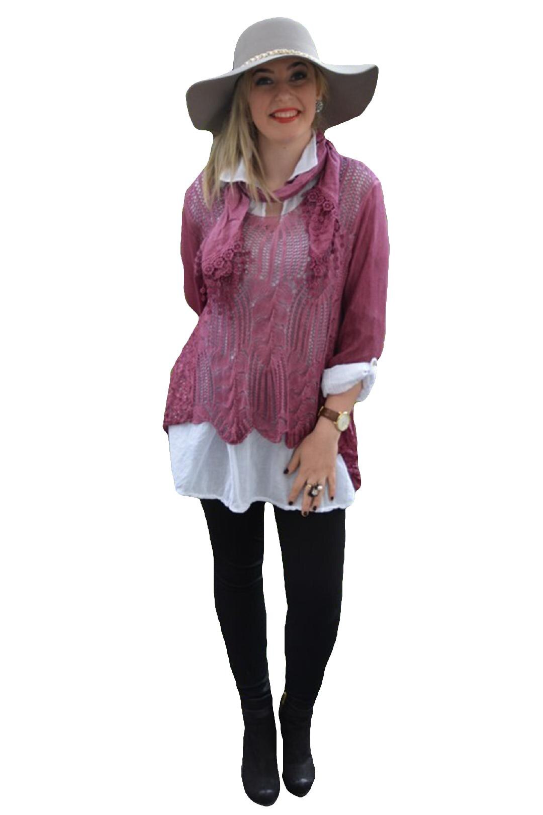 Bluza din tricot combinata cu camasa, D&J Exclusive, Marsala