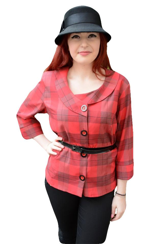 Bluza trendy cu model de carouri si curea in talie D&J Exclusive, Rosu