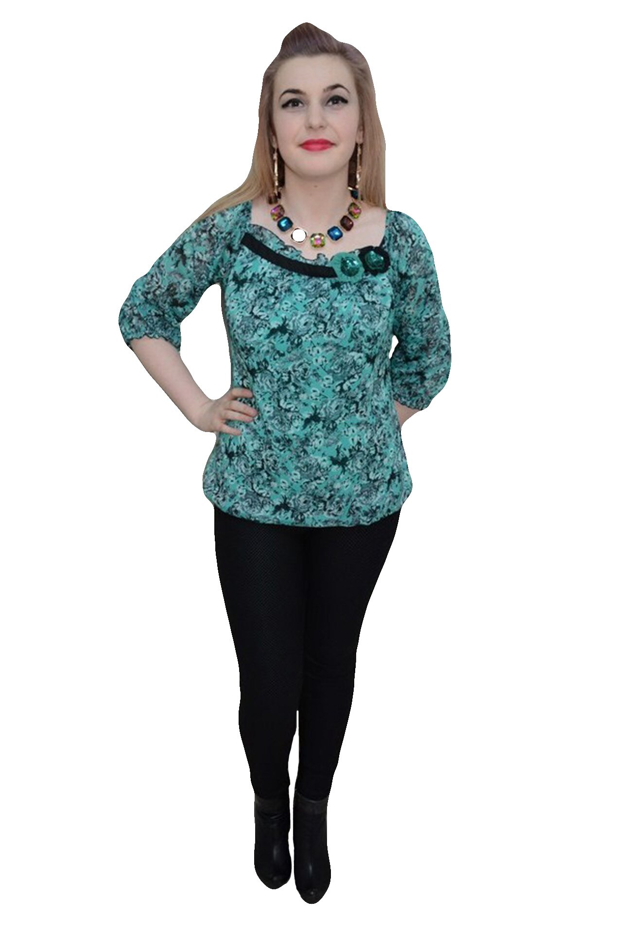 Bluza eleganta cu maneci trei-sferturi fine , D&J Exclusive, Turcoaz