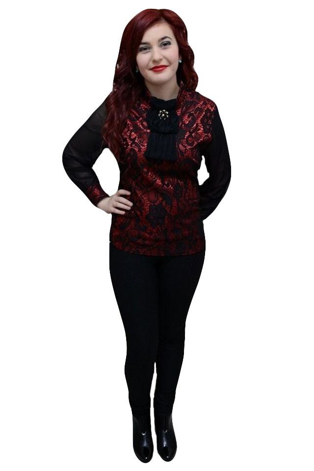 Bluza clasica cu dantela aplicata,masura mare,D&J Exclusive, Negru/Rosu