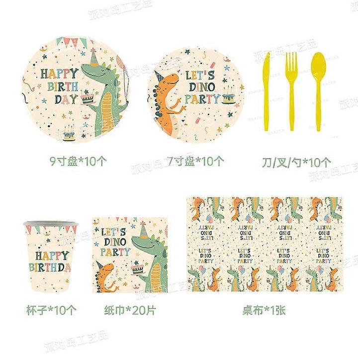 Set vesela petrecere copii tema dinozauri 81 piese multicolor
