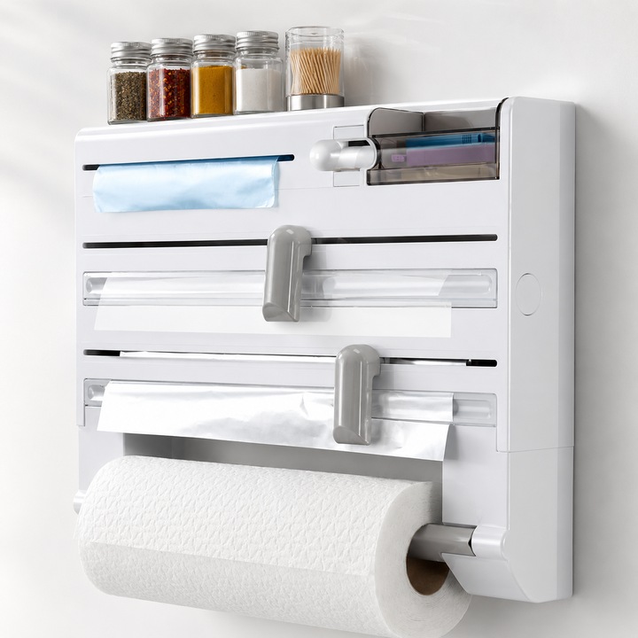 KD Home® WrapEase 5 az 1-ben konyhai papírtörlő tartó és élelmiszer fólia adagoló alumíniumhoz, szalvétatartó, sütőpapír tartó, beépített vágó, tároló, 38 cm széles, falra szerelhető, fehér