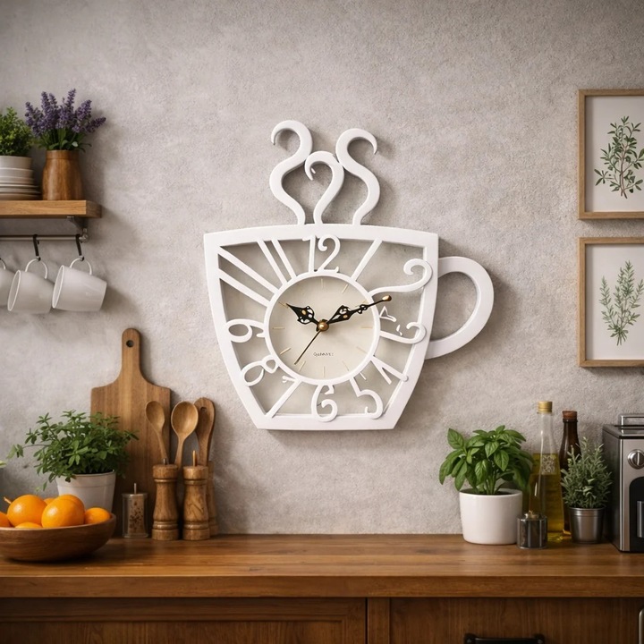 Ceas de Perete Decorativ Vivendo in Forma de Ceasca de Cafea, Plastic 3D, 30x28 cm, Mecanism Quartz Silentios, Cifre Arabe in Relief, Alb, Alimentare 1 Baterie AA, Bucatarie Cafenea Birou, Ceas Tematic Cafea Analog, Alb