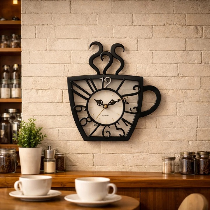 Ceas de Perete Decorativ Vivendo in Forma de Ceasca de Cafea, Plastic 3D, 30x28 cm, Mecanism Quartz Silentios, Cifre Arabe in Relief, Alb, Alimentare 1 Baterie AA, Bucatarie Cafenea Birou, Ceas Tematic Cafea Analog, Negru