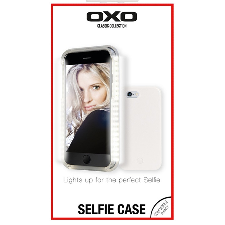 Твърд гръб за iPhone 7/8 ОХО с LED светлина за перфектно селфи, бял
