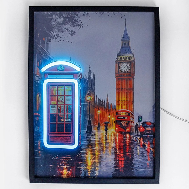 Табло декоративно с LED/Неон осветление, Дизайн „Лондон”, 30 x 40 см, Модерен стил