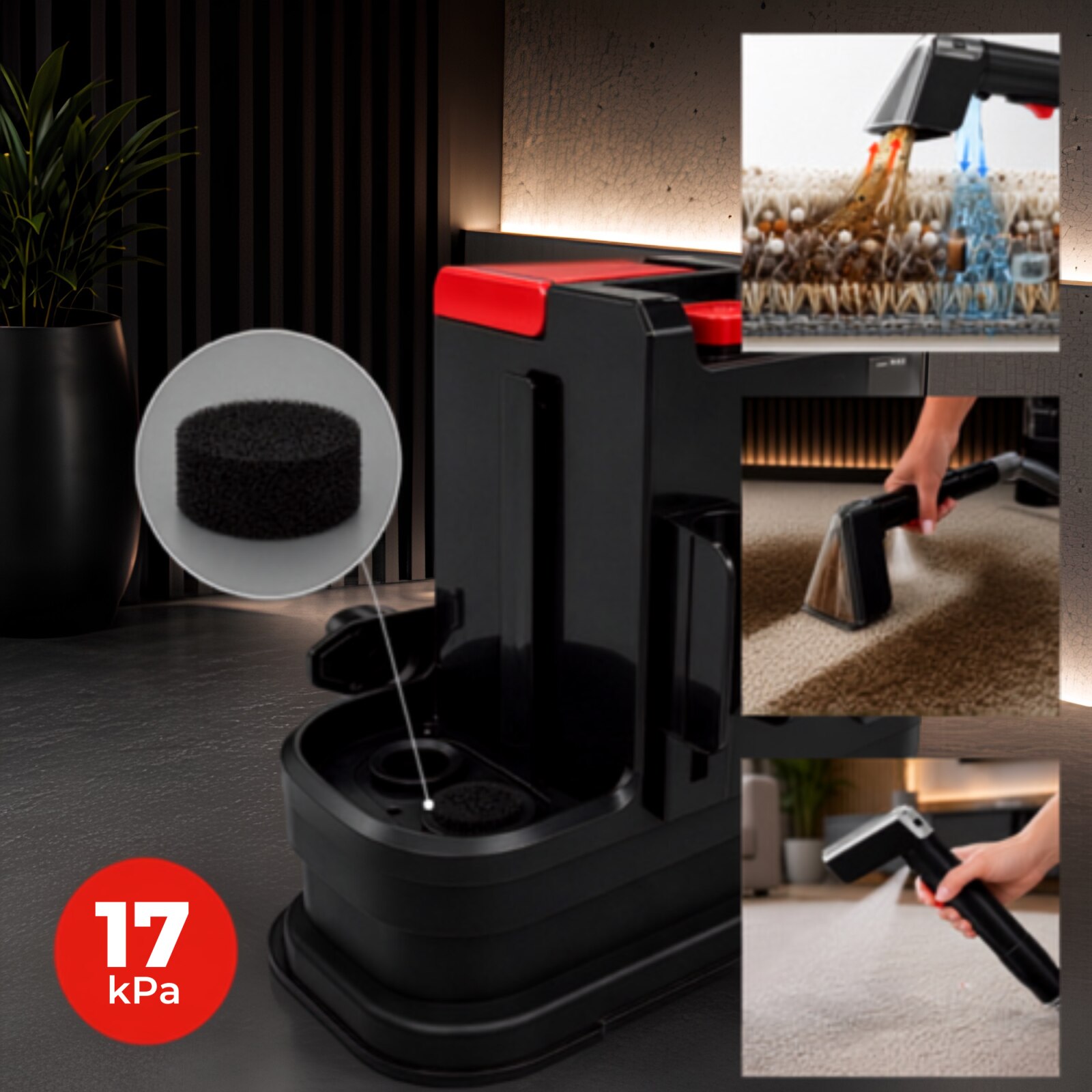 Aspirator cu spalare pentru casa si masina VarioShop®, pentru covoare, canapele si tapiterie, 800W, 17000 Pa, 2 rezervoare, furtun 1.5 m, duze incluse