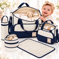 Set Genti Mamici 5 Piese Multifunctional, Mommy Bag, Geanta Maternitate Bebelusi Fetite Cu Buline, Husa Biberon, Salteluta Infasat Inclusa, Tesatura Oxford Rezistenta, Curea Ergonomica Reglabila, Pentru Carucior Si Umar, Albastru, AVYRA