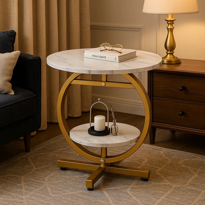 Masuta de Cafea Rotunda Vivendo, Blat Tip Marmura Alba, 2 Nivele de Depozitare, Diametru 49cm, Inaltime 54cm, Structura Moderna, Living Camera de Zi, Birou, Etajera Inferioara 36cm, Gheridon Rotund Decorativ