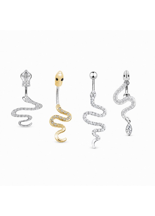 MixPiercing, 4 комплекта пиърсинги и пръстен за пъп във формата на змия, блестящ цирконий, прът от медицинска неръждаема стомана 316L, за многократна употреба, лесни за поставяне и премахване