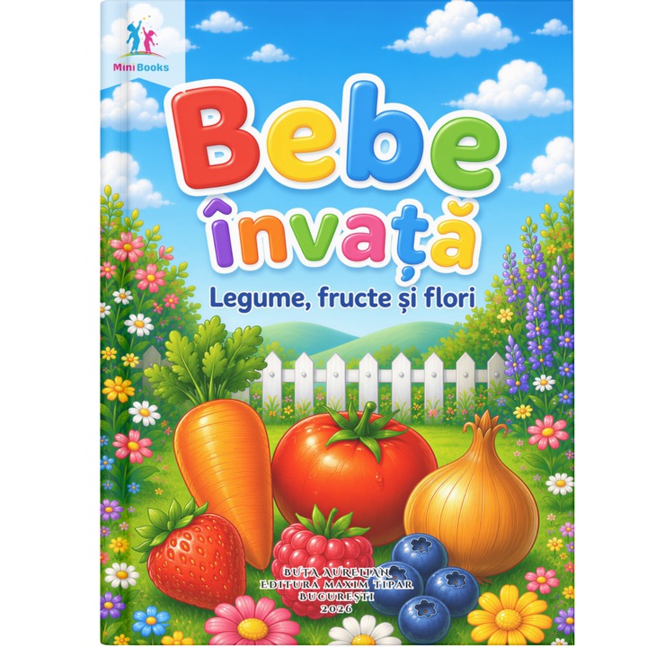 Carte interactiva cu sunete, 2–3 ani, FARA PIX - Bebe invata legume, fructe si flori