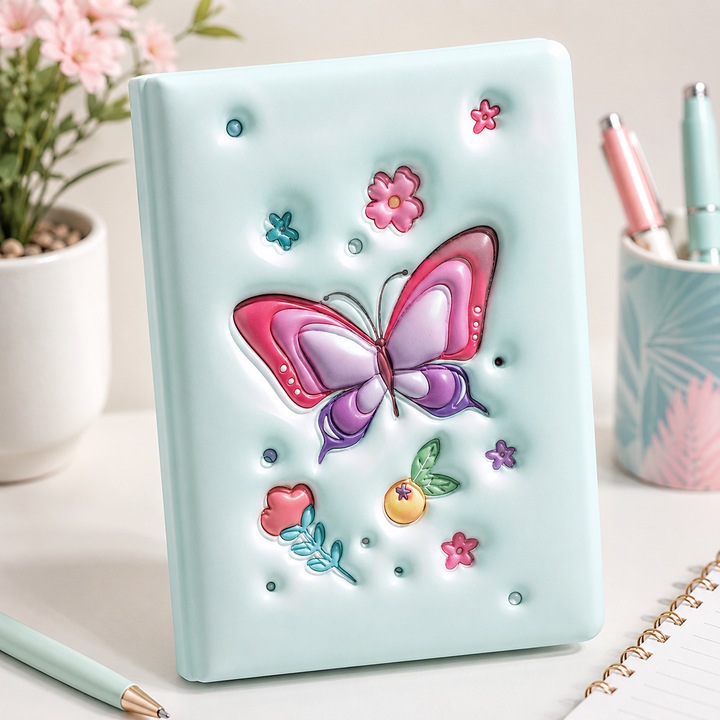Agenda Premium A5, 80 pagini dictando, coperta 3D cu fluture roz, 21 x 15 cm, coperta cartonata, albastru pastel