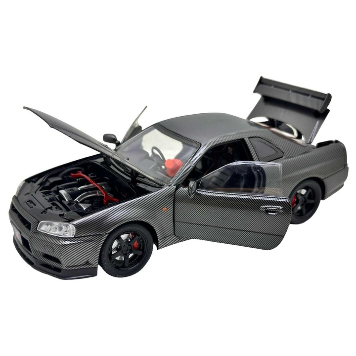 Nissan Skyline GT-R R34 Carbon Look Fém Die-Cast Autómodell 1/24 hanggal, fényekkel, nyitható ajtókkal és motorháztetővel