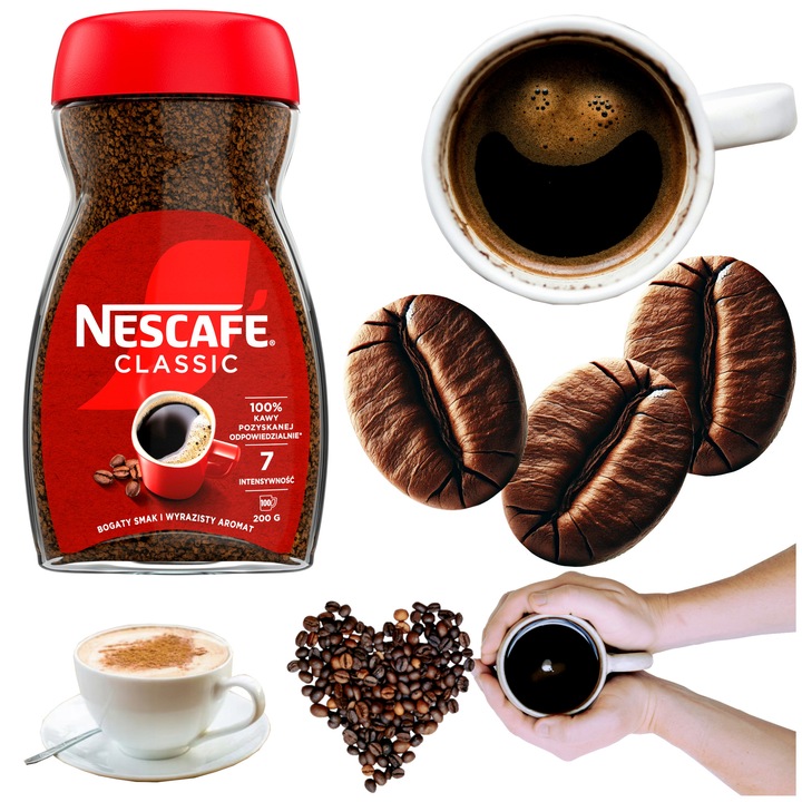 Cafea Solubila, Nescafe, Fabricata Din Boabe Selectate Robusta, Ambalaj Borcan Cu Membrana Aluminiu Si Capac Pp, Preparare 80 Grade, 15 x 8 x 8 cm, Maro
