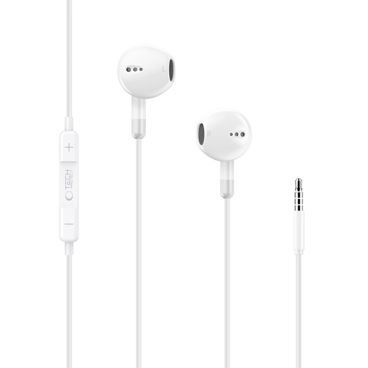 Casti audio Tech-Protect Ultraboost Core G4, In-ear, Control pe fir, Jack 3.5mm, Lungime cablu 1.2m, Alb