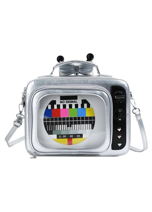 Geanta umar dama TV retro, piele PU, argintiu, 27x20x10cm