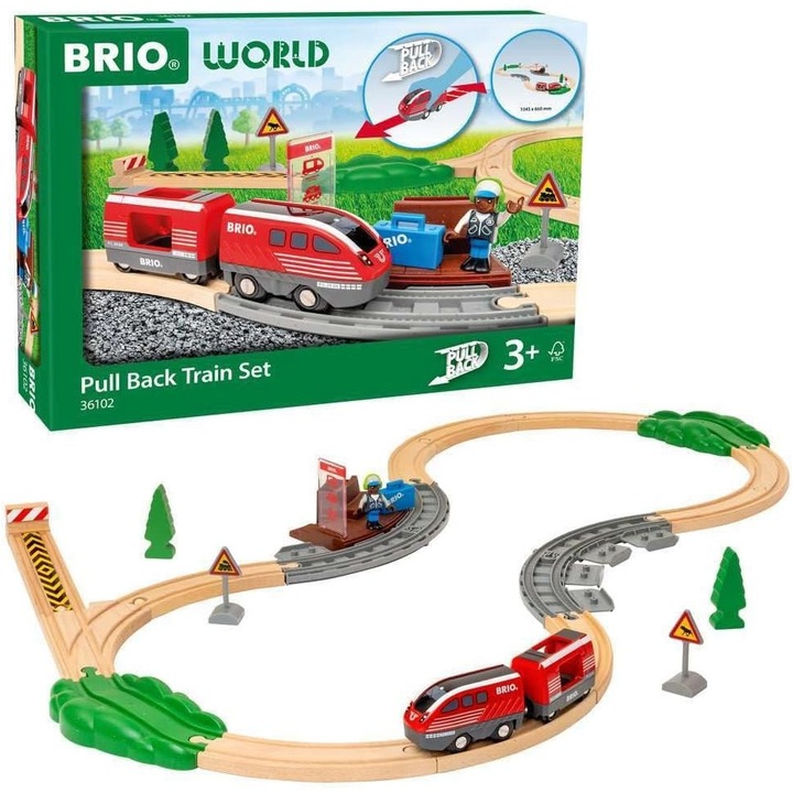 Комплект влак Pull Back Brio World 36102, механизъм pull-back, дървени релси и аксесоари, червен, за 3+ години