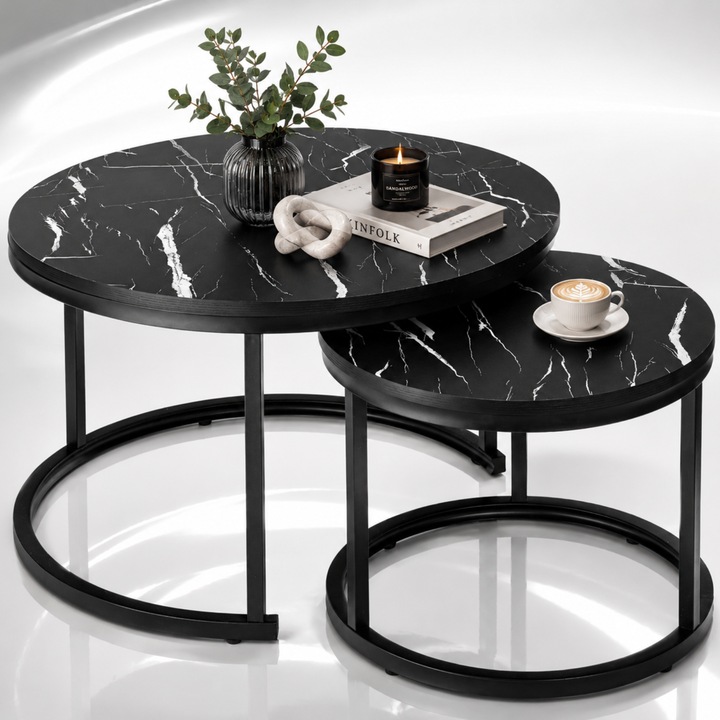 Set 2 Masute Cafea Rotunde Infiniteea™, 2 in 1, Blat PAL Laminat Efect Marmura Neagra, Cadru Metalic, Masa Mare 70x70x47 cm, Masa Mica 50x50x39.5 cm, Design Modern, Ideal pentru Living, Negru