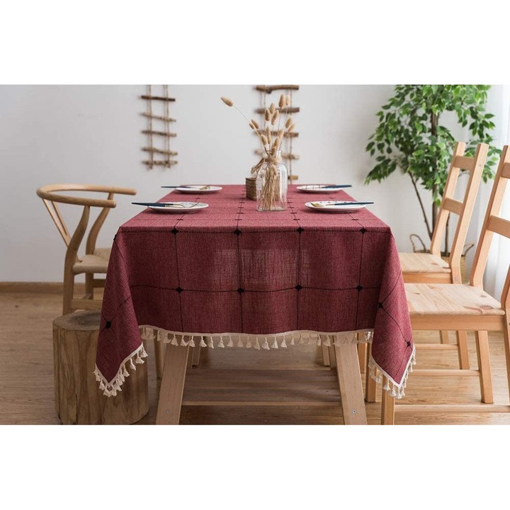 Négyzet alakú Carmendering asztalterítő pamutból, piros színben, 140x140cm, rojtokkal