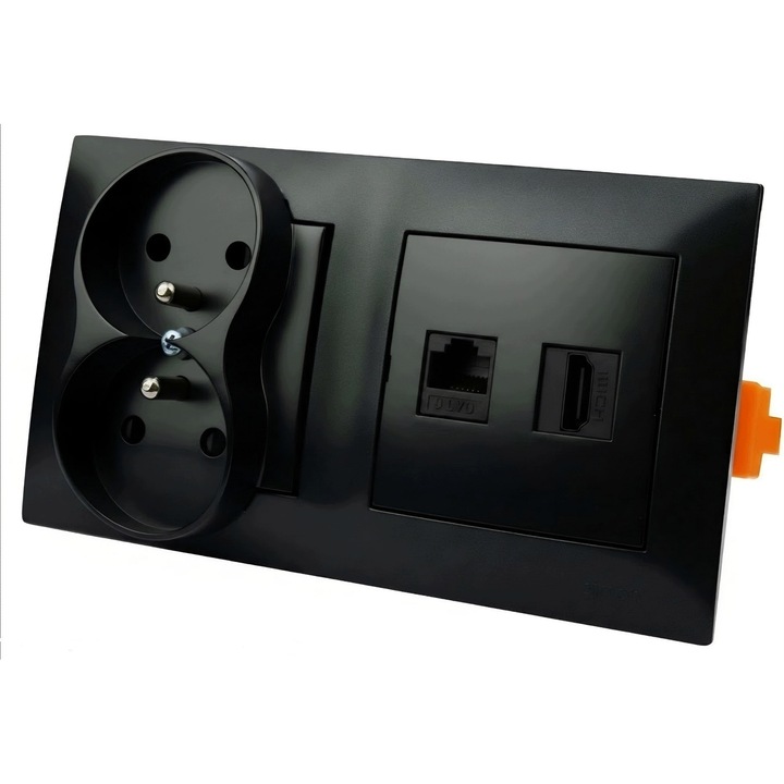 Priza de perete Simon Simon54 LN4WY5CR, 2x priza Schuko, HDMI, RJ-45, 230V, negru mat