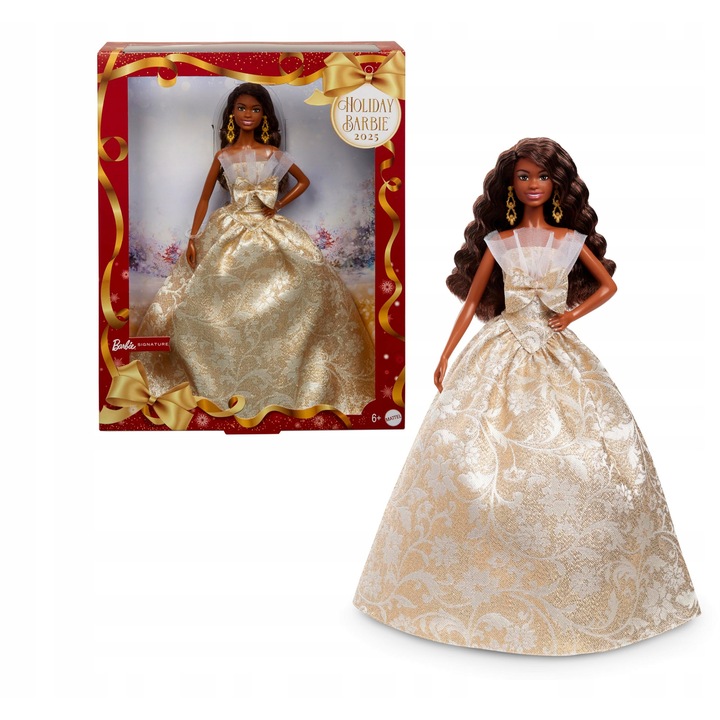 Papusa Barbie Mattel Holiday 2025 rochie argintiu-aurie 30cm